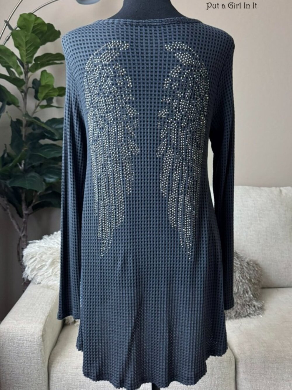 Vocal Apparel Women's Blue Gray Crystal Angel Wings Tunic Shirt S M L XL